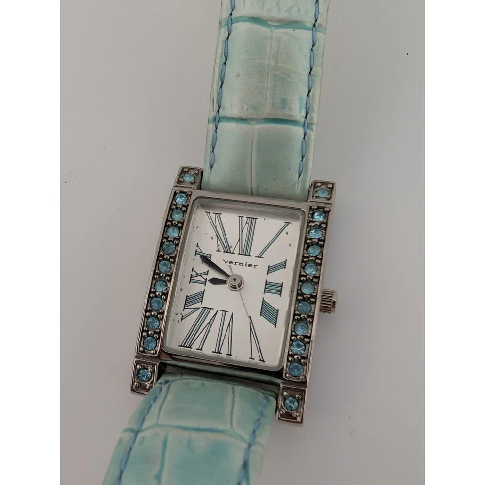 Vernier Tank Watch Women‎ 21mm Case Blue Pave Leather Band- New Battery